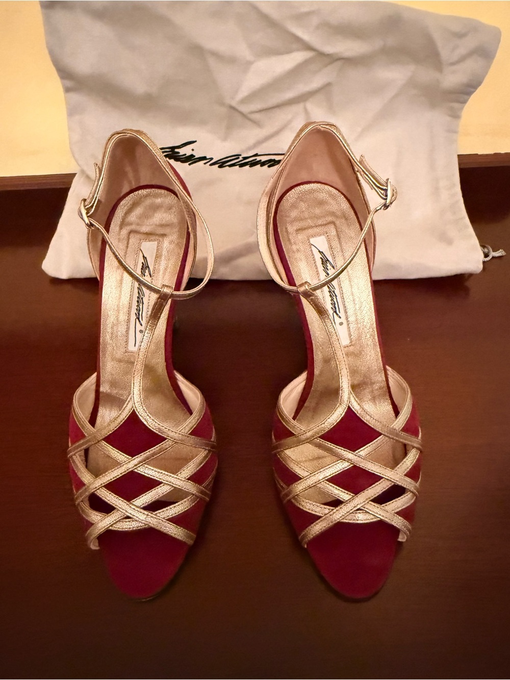 Brian Atwood Gold Strappy Heels with Red Footbed - Picture 2 of 5